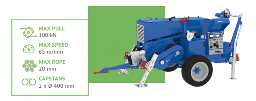 100kN hydraulic winch with external winding arms, designed for underground cable pulling and pipe rehabilitation.